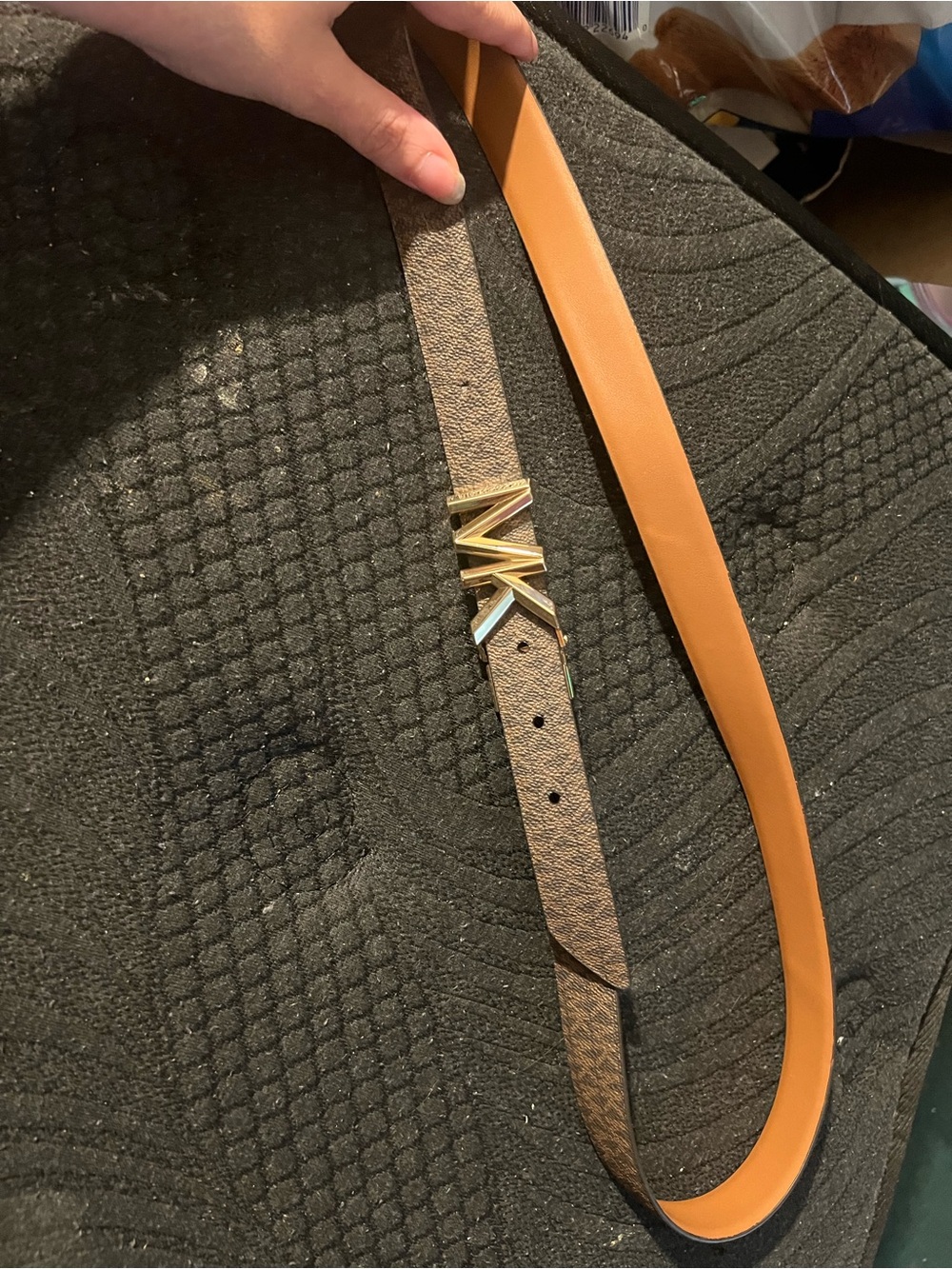 Michael Kors Brown Monogram Reversible Belt with Tan Interior and Gold MK Buckle